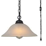 SHENGQINGTOP Traditional Plug in Pendant Light Alabaster Glass Shade Hanging Lamp with On/Off Switch,16.4Ft Cord & 14.7Ft Chain Dimmable Black Swag Light Fixture for Kitchen Sink Bar Nook Farmhouse