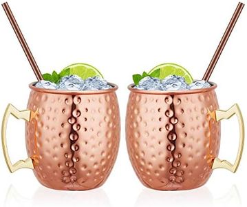 Widousy Moscow Mule Copper Mugs Set of 2 Handcrafted Copper Mugs 16 oz Gift Set with 2 Cocktail Copper Straws