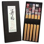 SULOLI Bamboo Chopsticks - Premium 5-Pack Japanese Reusable Chopsticks with Fortune Cat Print - Natural Food-Grade Chop Sticks for Sushi, Asian Dishes