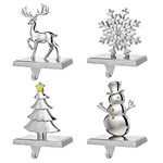 EBANKU Christmas Stocking Holders, Set of 4 Silver Stocking Hangers Snowman Snowflakes Christmas Tree Deer Mantel Hanger for Fireplace Mantle Christmas Decorations