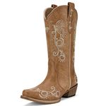 Rollda Women's Cowboy Boots Snip Toe Cowgirl Boots Embroidered Mid-Calf Western Boots Ladies Distressed Boots with Pull-Up Tabs, Brown, 5 UK