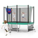 COSTWAY Outdoor Trampoline, 10FT x 8FT Rectangle Trampoline with Basketball Hoop, Soccer Goal, Storage Bag, Safety Enclosure Net and Ladder, Recreational Trampolines for Toddlers & Adults (Green)