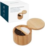 KITCHENDAO Bamboo Salt and Pepper Bowl Box Cellar, Built-in Spoon, Two Compartments Spice Seasoning Container,Sea Salt Cellar Holder,Magnetic Swivel Lid,Dual 5oz Capacity