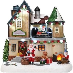 Valery Madelyn Christmas Decorations Indoor Christmas Village Lighted Santa's Workshop, Xmas Figurine Collectible Building Resin House Dynamic Scenes Gift for Holiday, 10 Inch Table Top Decorations
