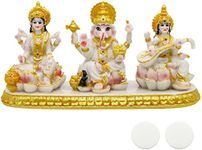 Indian Laxmi Ganesh Saraswati Statue - 3.9”H Small Marble Look Lakshmi Ganesha Idol Sculpture for Car Dashboard Hindu Temple Office Home Mandir Pooja Item Diwali Murti Puja Gifts