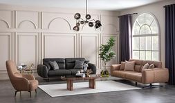 FUNTERIOR Foster 3+3+1 Wing Chair 7 Seater Suede Fabric Grey and Cream Sofa Set for Living Room.