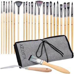 Kurtzy 24-Piece Artist Paint Brush Set with Case - Nylon Hair Brush Set for Acrylic, Watercolour, Gouache or Oil Painting - Ideal for Face Painting, Miniature Detailing, Nail Art & Rock Painting