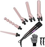 (Rose Gold 5 in 1 Curling Wand Set) - 5 in 1 Curling Wand, Professional Hair Curling Iron Set with 5 Interchangeable Ceramic Barrels and Heat Protective Glove (Rose Gold 5 in 1 Curling Wand Set)