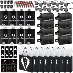 80Pcs Groomsmen Gifts Groomsmen Proposal Box with Flasks Sunglasses PU Leather Toiletry Bag Bottle Opener for Wedding Groomsman Best Man Gift (80, Black)
