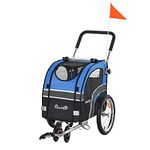 PawHut 2-in-1 Dog Bike Trailer Pet Cart Carrier Stroller for Bicycle with 360° Rotatable Front Wheel Reflectors Weather Resistant Canopy Hitch Coupler Flag Blue