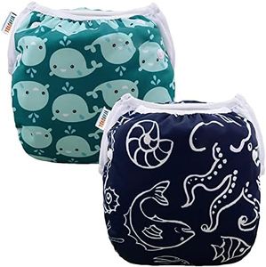 ALVABABY Swim Diapers 2pcs Baby & Toddler Snap One Size Reusable Adjustable Baby Boys' Swim Diapers for Swimming Lessons SW18-21