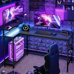 Bestier L Shaped Gaming Desk with LED Lights & Power Outlets, 58'' Reversible Computer Corner Desk with Shelves, Carbon Fiber Black Home Office Workstation with Monitor Stand & Headphone Hook