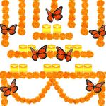 20 Pcs Day of The Dead Decorations Set 2 Pcs Artificial Marigold Garlands 6 Pcs Monarch Butterfly Decorations for Dia De Los Muertos Diwali Decor 12 Pcs Flameless Votive Candles Electric LED Candle