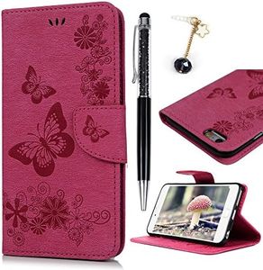 Funda iPhone 6 Plus, iPhone 6S Plus Funda Libro de Cuero Impresión de Suave PU Premium e Silicone TPU Carcasa, Correa de mano, Ranuras para Tarjetas, Cierre Magnético Mariposa Rosa caliente