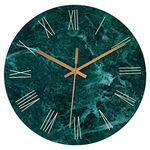 Lumuasky Tempered Glass Modern Wall Clock, Marble Design 12 Inch Silent Non-Ticking Quartz Battery Operated Decorative Round Easy to Read Clock for Home Office Decor (Emerald, Roman Numerals)