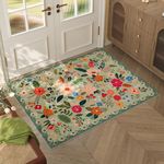 Rugcomf Door Mat Indoor Entrance 2x3 Rug Machine Washable Boho Floral Small Area Rug Non-Slip Low Pile Throw Rugs for Entryway, Kitchen, Front Door Indoor Entrance, Entry, Kids Room (Green)