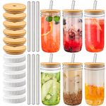 6 Pack Reusable Boba Cup, 24 oz Mason Jar Cups with Bamboo Lid & Straw & Airtight Lid, Simple Modern Tumbler, Drinking Glasses Set for Bubble Tea Cup, Smoothie Cup, Juice Bottle, Iced Coffee Cup, Beer