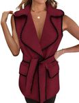 PRETTYGARDEN Womens Winter Coats V Neck Button Belt Pockets Sleeveless Cardigan Fall Warm Long Vest Jackets (Wine Red,Small)