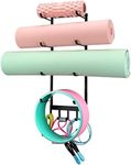 YiSeyruo Yoga Mat Holder Wall Mount: Yoga Mat Home Storage Organizer Rack Metal | Foam Roller Holder 4 Sections with 5 Hooks for Hanging Yoga Resistance Bands Equipment Accessories at Home Gym