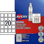 Avery A4 Crystal Clear Square Labels - Product Stickers - Small Business Supplies - Clear, 45 x 45 mm, 200 Labels/10 Sheets (980021/ L7126)