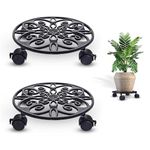 Sharpex Pack of 2 Metal Caddy Iron Dolly on Round Rack Rustproof Sturdy Potted Indoor Outdoor Plant Stand/Trolley With Locking Wheels for Balcony, Living Room, Home and Garden (Black)