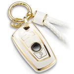 CTRINEWS for BMW Key Fob Cover with Metal Braided Rope Keychain for Accessories, Upgraded Soft Key Case for Classic Smart Remote Keyless Shell (Gold Edge A)