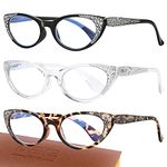 ABEJOJO 3 Pack Cat Eye Reading Glasses for Women, Fashion Computer Blue Light Designer Readers Spring Hinges, Anti Glare/Rhinestone Cute Eyeglasses 2.00