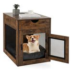 COSTWAY Wooden Dog Crate, Furniture Style Puppy Cage End Table with Wireless Charger, Drawer, Lockable Door and Soft Cushion, Indoor Pet Kennel for Small Dogs, 63 x 49 x 62cm (Brown)