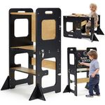 Toddler Kitchen Tower, Learning Standing Tower, 2-in-1 Kitchen Black Wooden Stool Helper with Chalkboard Montessori and Waldorf Helper for Kids in Kitchen