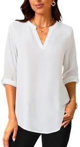 Holipick Women's Chiffon 3/4 Cuffed Sleeve Blouse Work Chiffon Casual V Neck Tops Shirt Office, White, X-Large