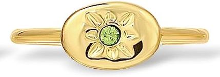 Lucky Feather August Birthstone Ring for Women - 14K Gold Plated Signet Ring with Unique Starburst Pattern - Fully Adjustable Peridot Birthstone Rings make adorable gifts for Women