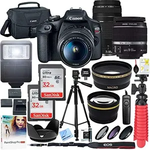 Canon T7 EOS Rebel DSLR Camera with EF-S 18-55mm f/3.5-5.6 is II and EF 75-300mm f/4-5.6 III Lens and Two (2) 32GB SDHC Memory Cards Plus Double Battery Accessory Bundle