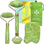 Jade Roller for Face and Gua Sha Set - Massage Tools for Drainage Puffiness Wrinkles Relaxation - Face Massager Jade 3 in 1 Kit - BONUS Ridged Roller, Gift Box, Gua Sha