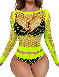 RSLOVE Women Sexy Mesh Lingerie Fishnet Babydoll Free Size Bodysuit See Through Shirts Long Sleeve Flourescence Yellow