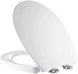 Mass Dynamic soft-close toilet seat features a quick-release mechanism for easy cleaning, adjustable top fixing hinges, and durable urea formaldehyde material. Standard oval design, sleek white finish