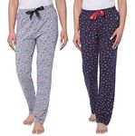 Real Basics Women's Cotton Printed Pyjama Pack Of 2(Rb-W-Pj-L-P2-Coffeecherrymulticolorl, Casual Style, Grey Coffee,Navy Cherry)