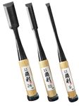 KAKURI Japanese Wood Chisel Set 3 Piece for Woodworking, Made in JAPAN, Japanese Oire Nomi for Carve, Mortise, Dovetail, Sharp Japanese Carbon Steel Blade, White Oak Wood Handle