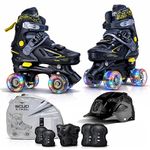 Jaspo Scud X Trail Roller Skates Combo with Helmet and Knee, Elbow, Wrist Guard, Professional Outdoor Indoor Quad-Skates for Kids & Adults, Adjustable Roller Skates with 4 Shiny Wheels (Black, Large)