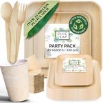 Chic Leaf Party Supplies Tableware 340 Pcs Bulk Pack for 45 Guests - Biodegradable Palm Leaf Disposable Dinnerware Set - Sturdy 10'' & 7'' Disposable Plates w/10 Oz Cups, Napkins Forks Knifes & Spoons