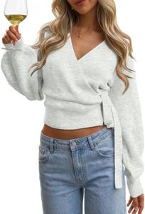 Trendy Queen Womens V Neck Wrap Sweater Fall Fashion Outfit Clothes Cropped