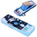 FAMOUS QUALITY Plastic Multi Functional Pencil Box For Kids, Space Pencil Box For Boys & Girls,Return Gifts For Kids, Blue