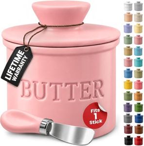 PriorityChef French Butter Crock with Lid, Get on Demand Spreadable Butter, Ceramic Butter Keeper to Leave on Counter with Water Line, Pink