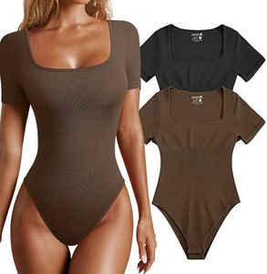 2 Piece Womens Bodysuit Square Neck Bodysuit Short Sleeve Ribbed Bodysuits Thong Bodysuits for Women