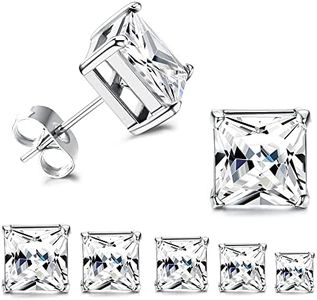 Sanfenly 5 Pairs Square Stud Earrings For Men Women Princess Cut Cubic Zirconia Earring Studs Stainless Steel Stud Earrings 3-7mm