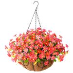 INQCMY Artificial Hanging Flowers in Basket for Outdoors Summer Decoration,Fake Daisy Plants in Coconut Lining Hanging Basket for Outside Home Patio Lawn Garden Decor (Pink)