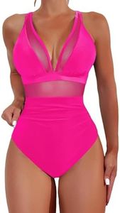 Sexy Mesh Tummy Control Full Coveragel One Piece Bathing Suit for Women, Fuscia, Large