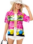 LA LEELA Women's Hawaiian Blouse Tops Short Sleeve Shirts M Fuscia, Sunset Clouds