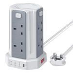 Tower Extension Lead with USB Slots 2M, (13A 3250W) 4 USB Ports and 8 Way Extension Tower, Surge Protection Extension Lead with 4 Independent Control Switch, Extension Cable for Home, Office, Kitchen