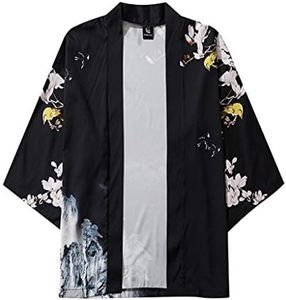 Yowablo Cardigan Hommes Casual Lâche Ouvert Avant 3/4 Manches Style Japonais Imprimer Cover Up (L,5Noir)