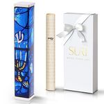 Contemporary Mezuzah Cases | 4 Inch Modern Mezuzah for Door with Blue and Silver Marc Chagall Design | Made of Aluminum | Includes Self-Stick Back, Non-Kosher Scroll and Gift Box